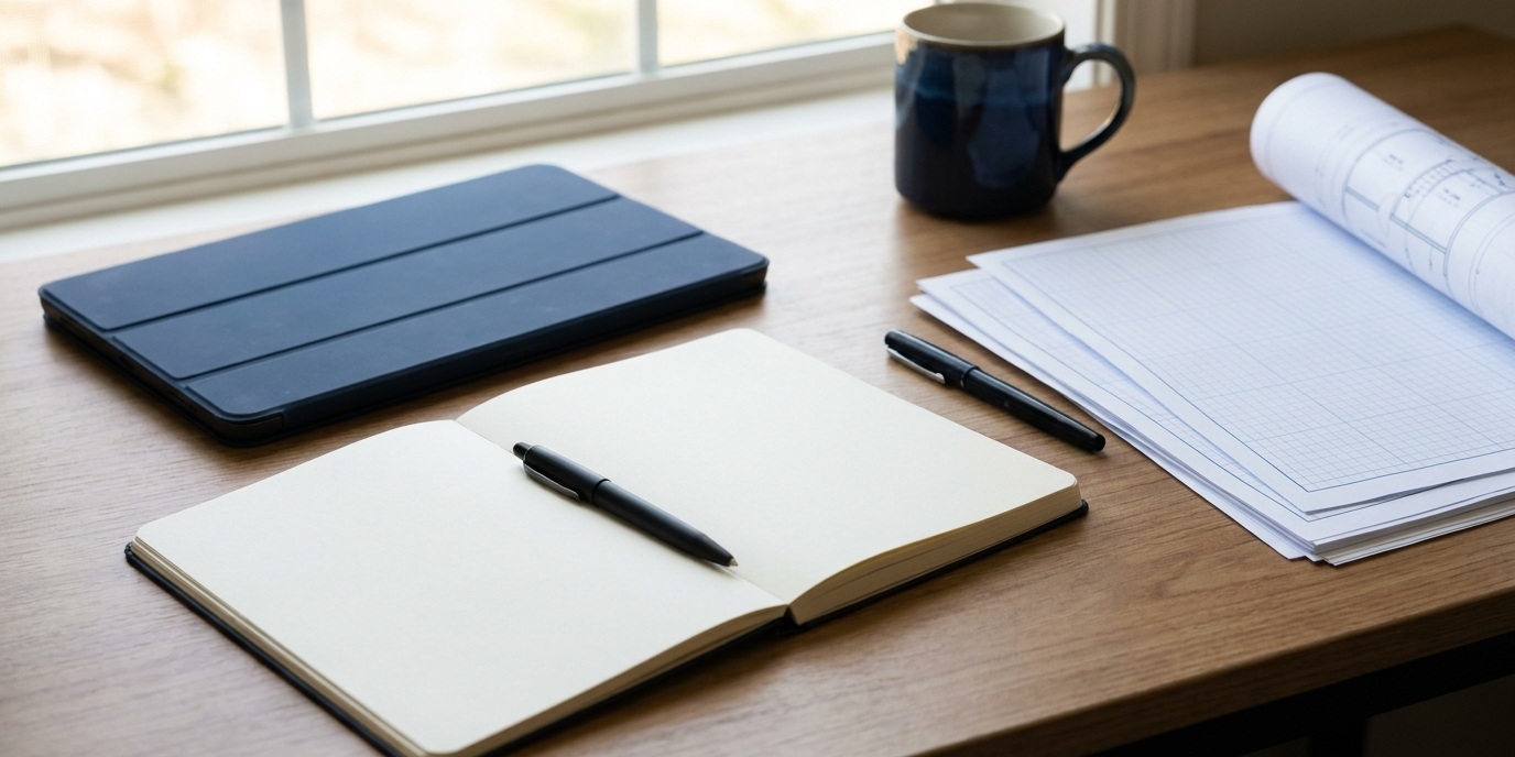 A small-business desk in window light with a closed tablet case, an open blank notebook, a pen, a mug, and neatly stacked blank grid paper.
